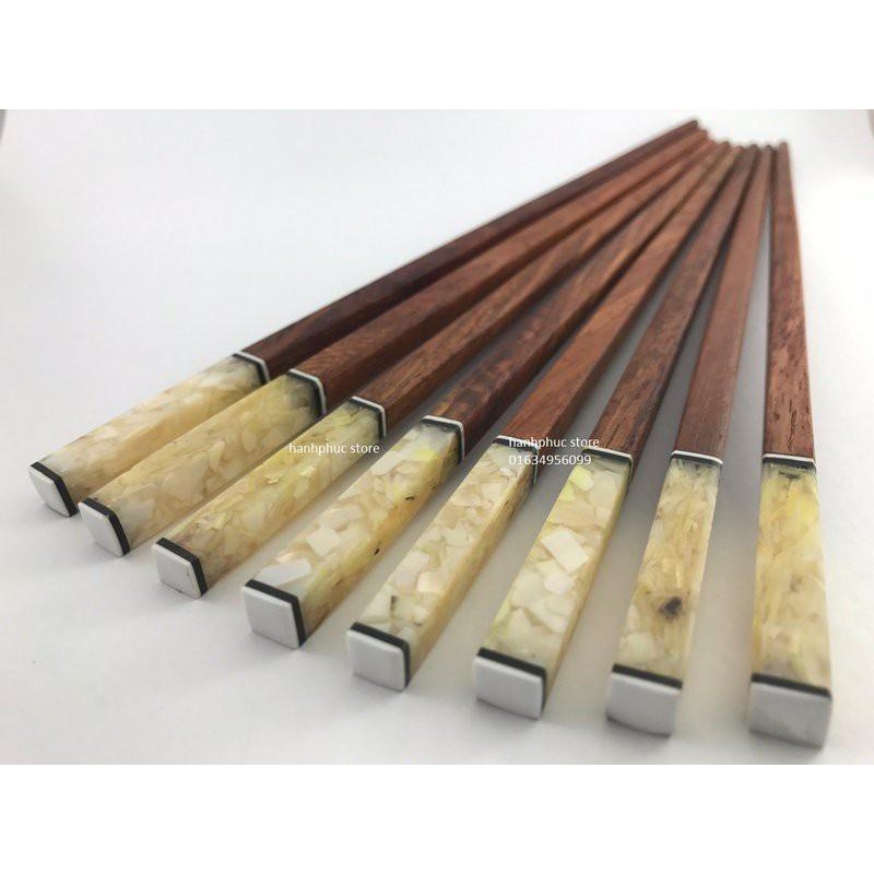 Combo bộ đũa ăn gỗ cẩm lai cao cấp đầu tròn gắn trai biển trắng (bộ 10 đôi)