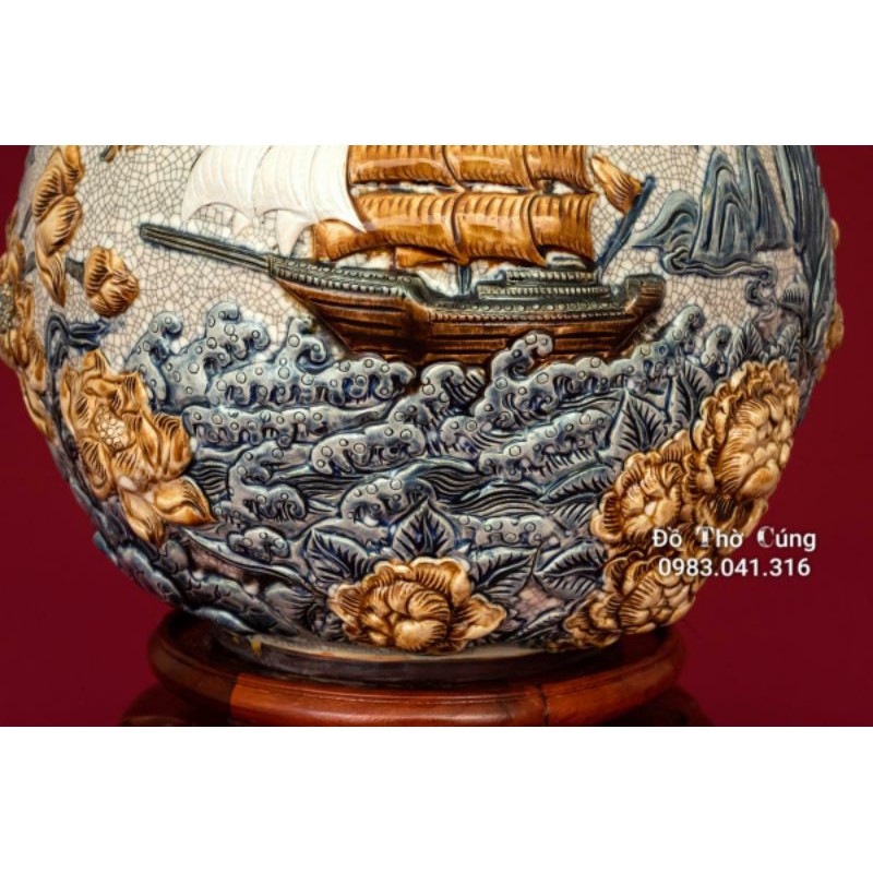 Bình Hút lộc Thuận buồm xuôi gió men rạn đắp nổi cao cấp