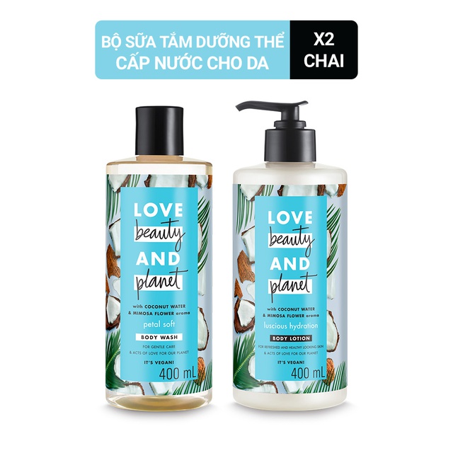 Combo sữa tắm và sữa dưỡng thể Love Beauty and Planet chăm da mềm mịn với 100% dừa tươi organic và hoa mimosa 400ml | BigBuy360 - bigbuy360.vn