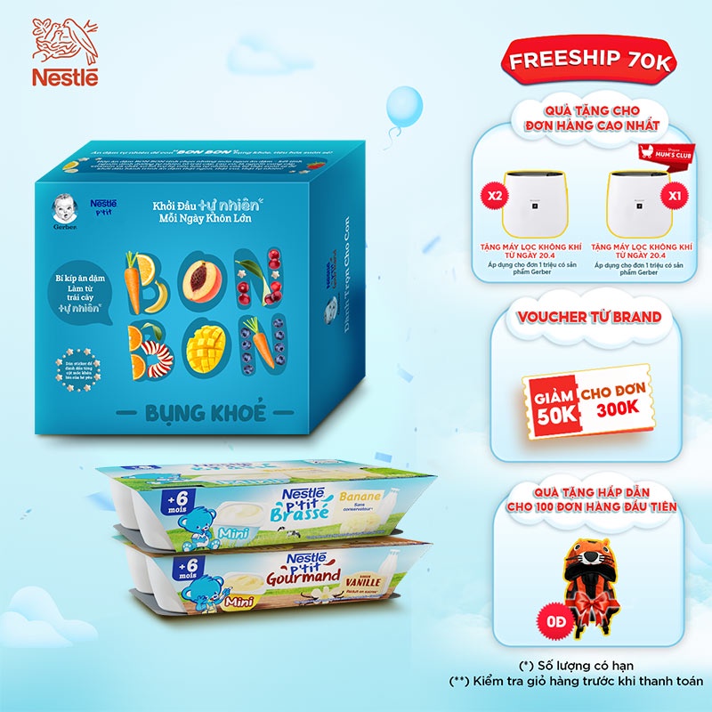 Bon bon bụng khỏe C2 - 1 Lốc 6 hộp sữa chua Nestle P'tit Vị bất kỳ và 1 Lốc 6 hộp váng sữa Nestle P'