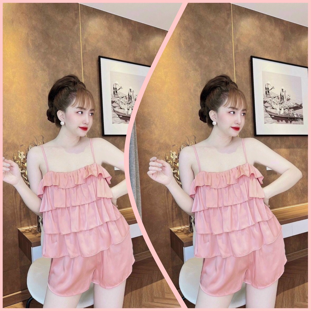 🌴 sét đồ ngủ xẻ tà hai dây quần đùi xinh lụa satin cao cấp free size 58kg