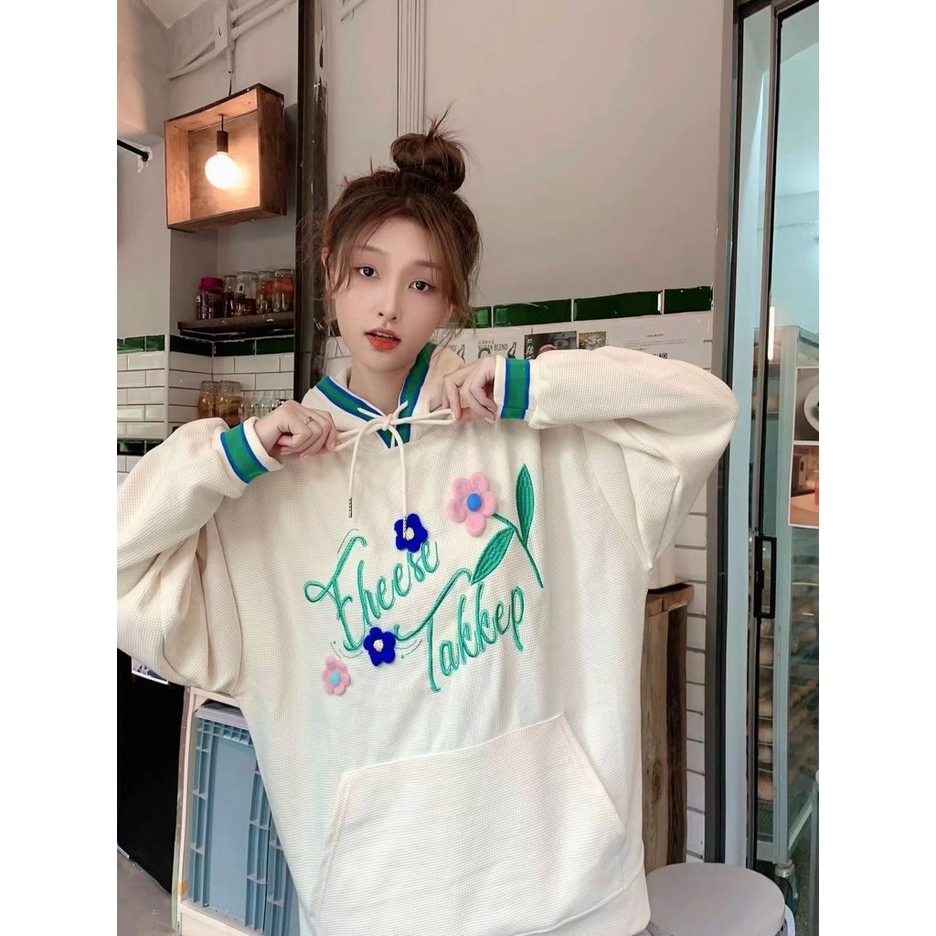 Áo hoodie dáng rộng thêu họa tiết thời trang phong cách cá tính