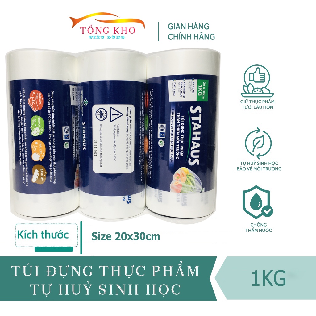Túi đựng thực phẩm tự hủy sinh học siêu thị green eco KT 100 túi, 300g,500g,1kg.