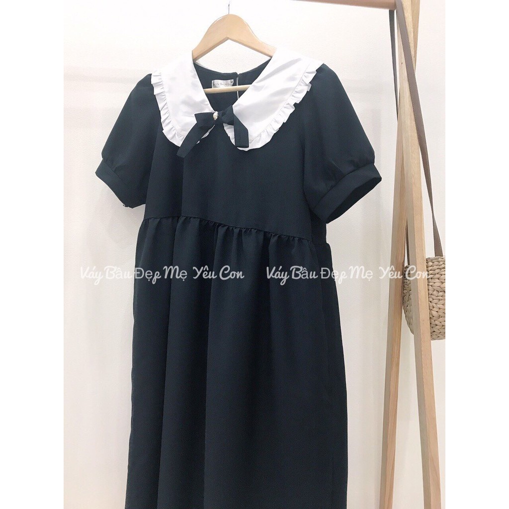 Váy bầu bigsize 40-100kg Váy Bầu Công Sở, Đầm Bầu Babydoll Đen Phối Cổ Trắng Đính Nơ MB246 [Video + ảnh thật ]