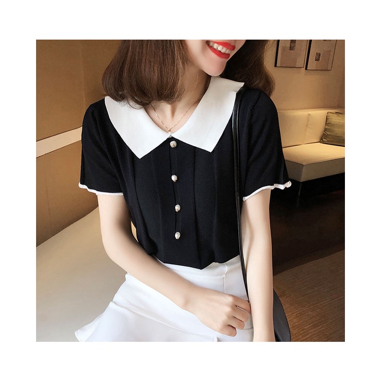 Áo thun dệt kim tay ngắn cổ Polo phối màu trắng đen thời trang cho nữ