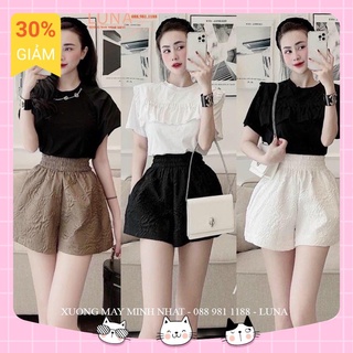 Quần short đùi xốp hoa nữ in dập nổi ống rộng cạp chun lưng cao có túi Onami siêu Hot