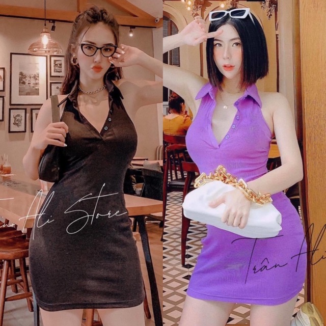 Đầm body cổ yếm sơmi hở lưng