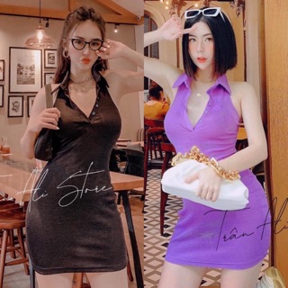 Đầm body cổ yếm sơmi hở lưng