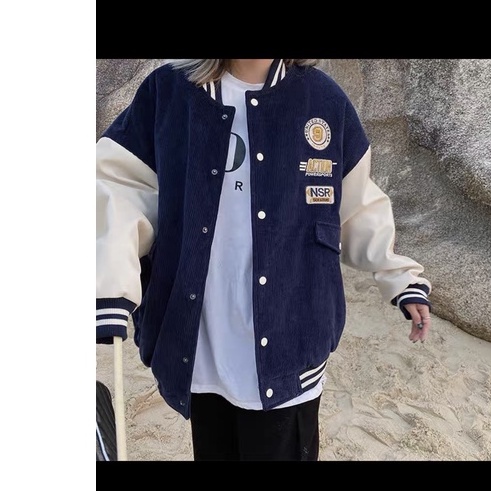 Áo bomber Uniex nam nữ nhung tăm phối tay trắng có túi hộp