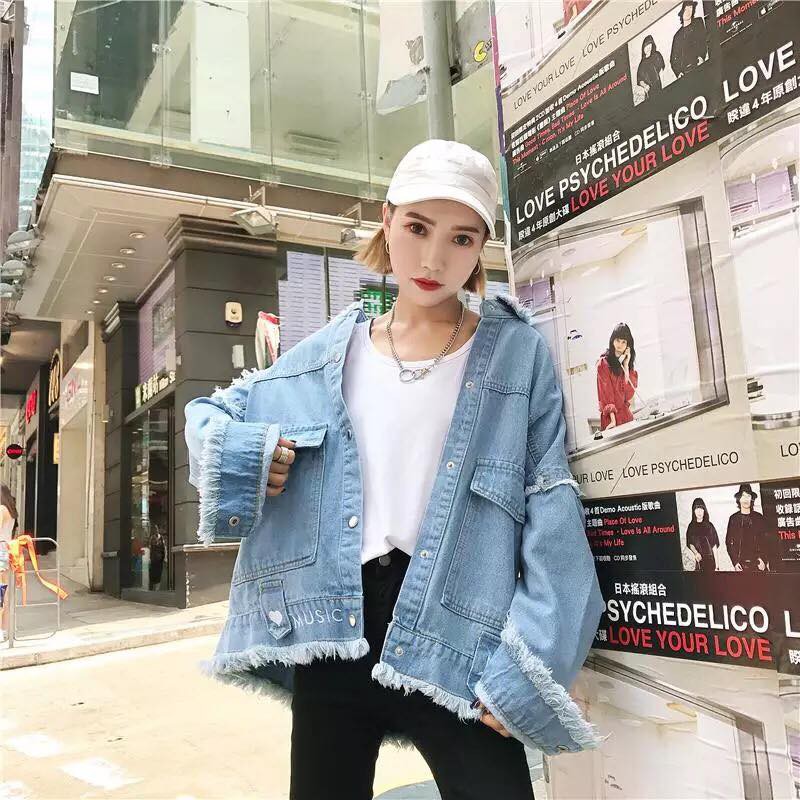 Áo khoác Jeans (áo bò) Ulzzang viền tua rua dáng rộng