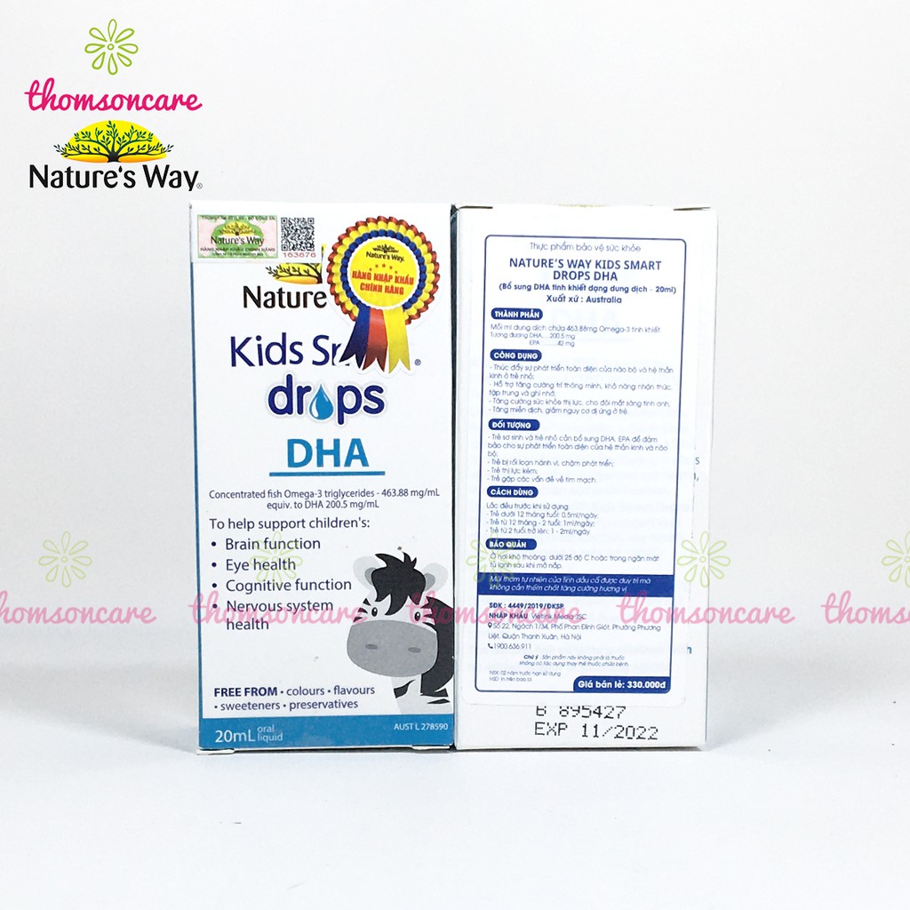 Bổ sung DHA dạng giọt Nature Way Kids Smart Drops DHA lọ 20ml. trẻ thông minh, phát triển não bộ bé từ sơ sinh