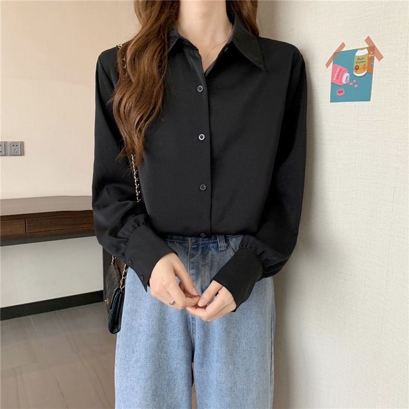 Áo Sơ Mi Chiffon Cổ POLO Dáng Rộng Màu Sắc Trơn Phong Cách Hàn Quốc Thời Trang Mùa Xuân Cho Nữ