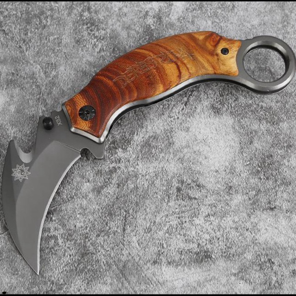 Dao phượt gấp gọn Quay Karambit X52 Full Logo Cán Ốp Gỗ Cực Đẹp
