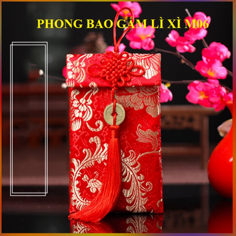 [Có sẵn] Phong Bì, Phong Bao Lì Xì Gấm Đỏ Thêu Hoa Văn Cao Cấp M06