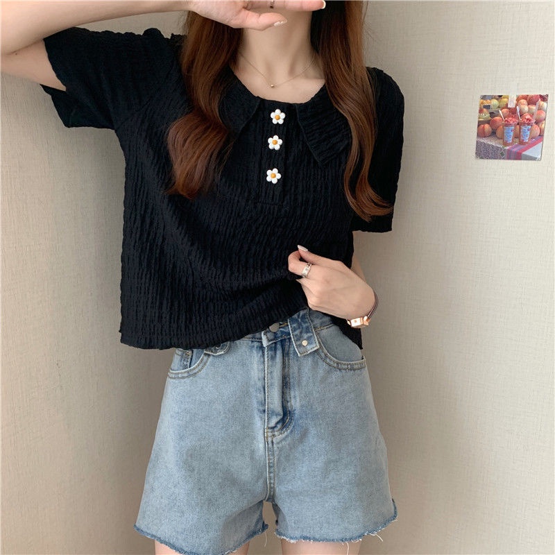 COZOK Áo Sơ Mi Ngắn Tay Cổ Búp Bê Họa Tiết Hoa Ngọt Ngào Thời Trang