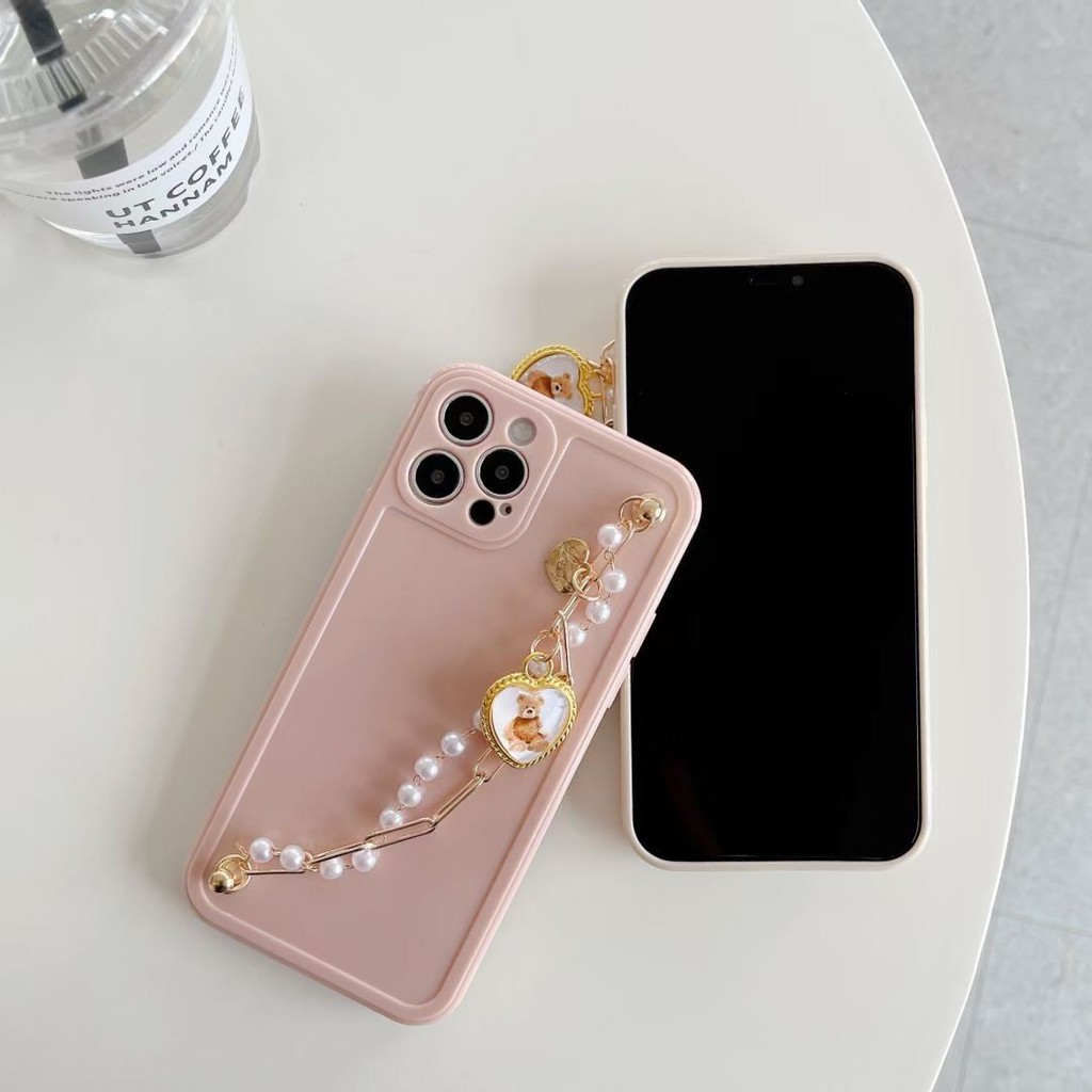 Ốp Điện Thoại Màu Be/Hồng Đính Ngọc Trai Có Dây Đeo Hình Gấu Dễ Thương Cho Iphone 12 X 11PRO MAX 12 PRO MAX