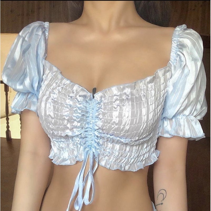 Áo Crop Xanh Nước Biển Tay Phồng Lưới, [ADORABLE], Croptop Nhúng Ngực Xanh Biển Ulzzang Hot Trend 2021 Ảnh Thật