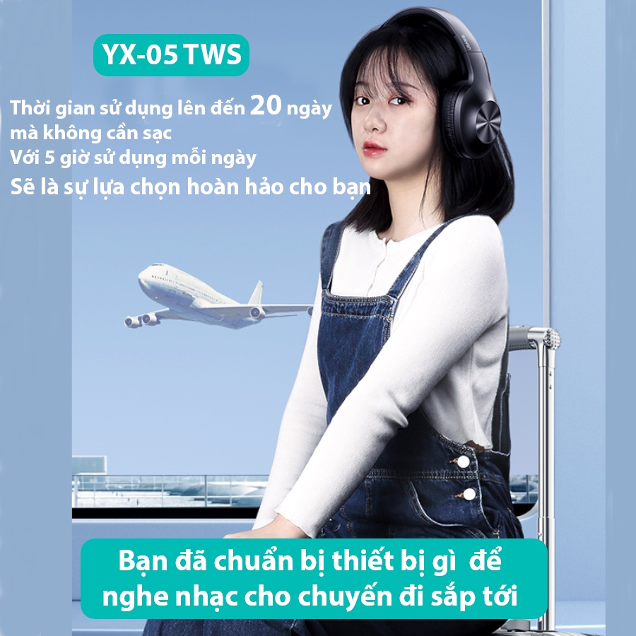 Tai nghe chụp tai bluetooth ,Tai nghe pin trâu, Âm siêu trầm YX05-TWS, 100 giờ nghe nhạc liên tục