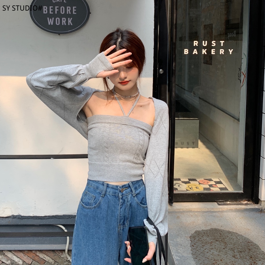 SUXI Set áo croptop dệt kim + áo hai dây phong cách thời trang hàn quốc