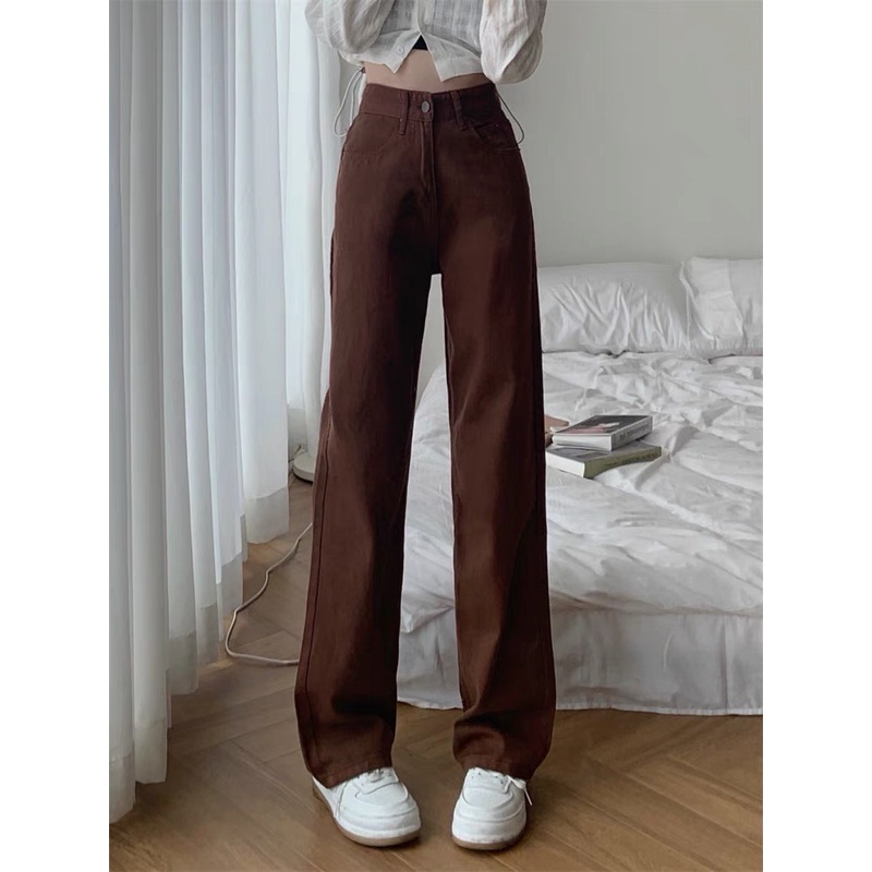 Quần Jean Nữ Ông Rộng Dáng Suông Nữ Cạp Cao Màu Be MunMunStore Quần Kaki Ống Đứng Trơn Màu Nâu Tây 146