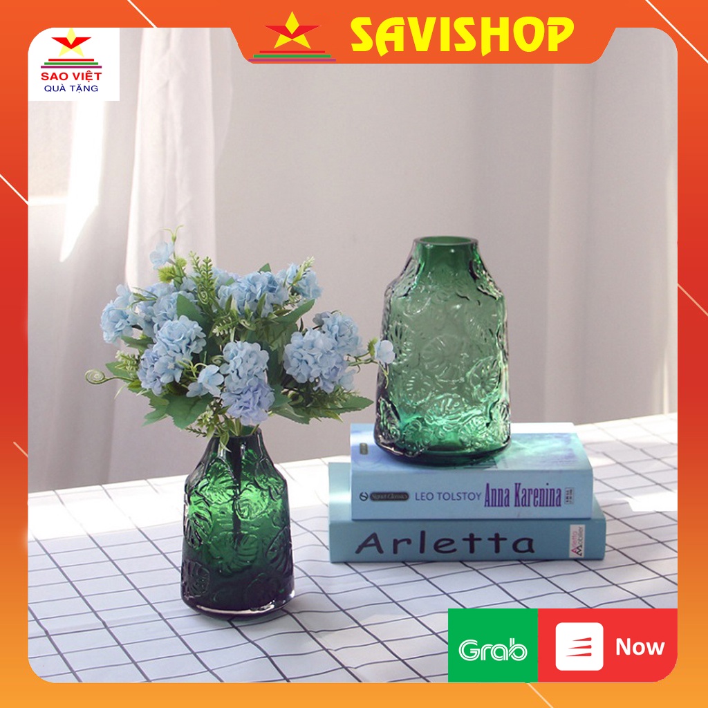 Lọ hoa thủy tinh xanh 🔴SAVISHOP🔴 Bình hoa in vân lá - Lọ thủy tinh chum xanh decor cho căn phòng