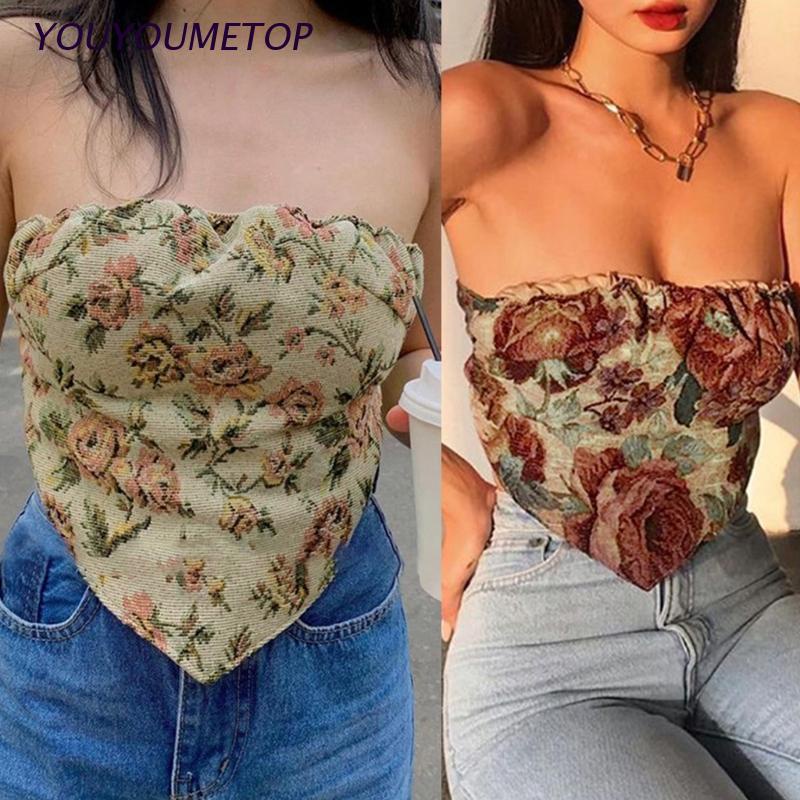 Áo ống không tay hở lưng họa tiết hoa hồng phong cách vintage gợi cảm cho nữ