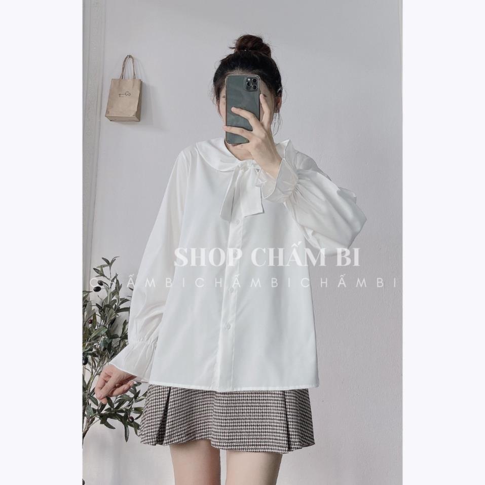 Áo kiểu nữ đẹp A.247, Áo sơ mi trắng tay bo chun cổ sen thắt nơ chéo phong cách Hàn Quốc