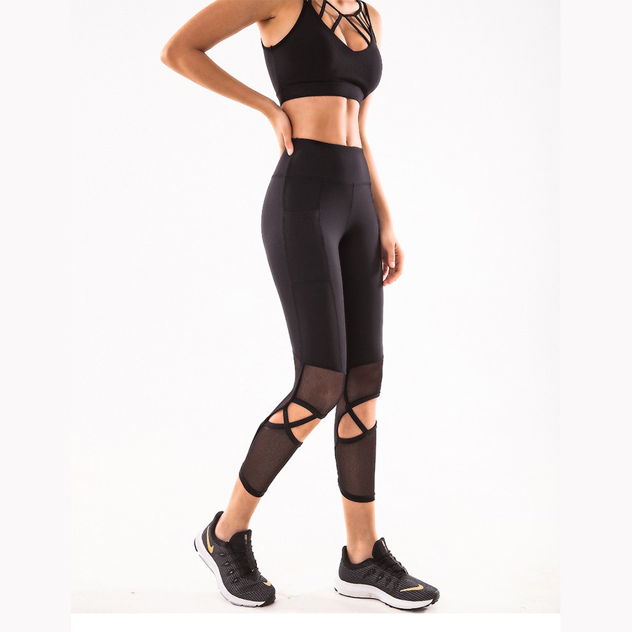 Quần Legging Quần Tập Gym Yoga Phối Lưới Cắt LS51