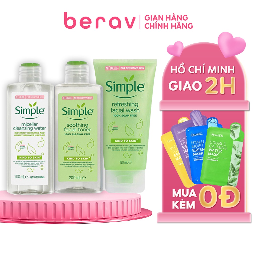 [Simple Xanh] Bộ 3 Simple Làm Sạch Sâu, Se Khít Lỗ Chân Lông (Tẩy trang 200ml + Sữa Rửa Mặt 150ml + Toner 200ml)