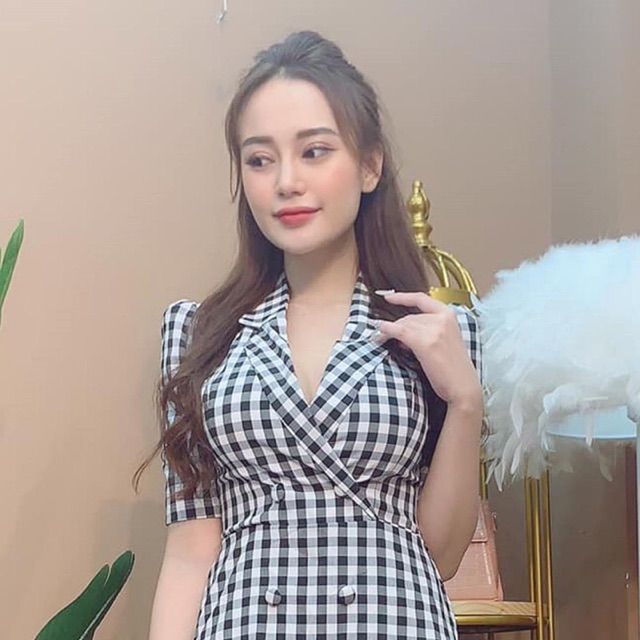 Đầm xoè cổ vest caro công sở xếp ly bao xinh size M L XL