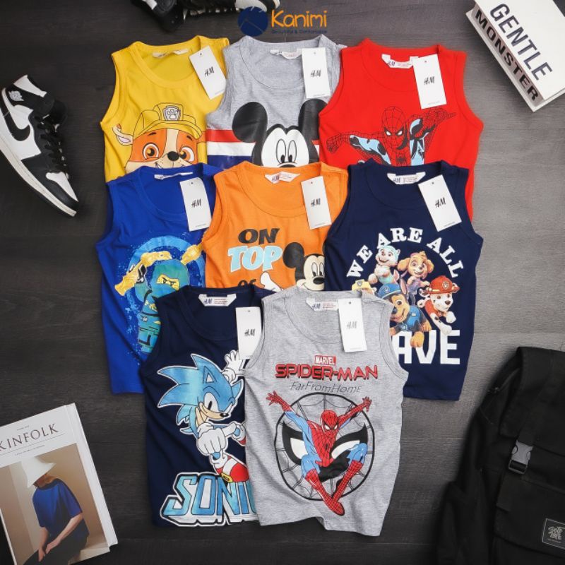 Áo thun sát nách bé trai HM chất cotton mềm in hình Mickey chó cứu hộ size nhí 2-7 tuổi