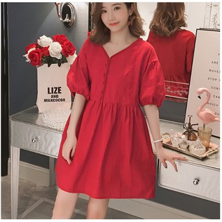 ĐẦM BẦU VÁY BẦU CÔNG SỞ TAY PHỒNG ĐỎ MÙA HÈ sau sanh có nút cho bé bú