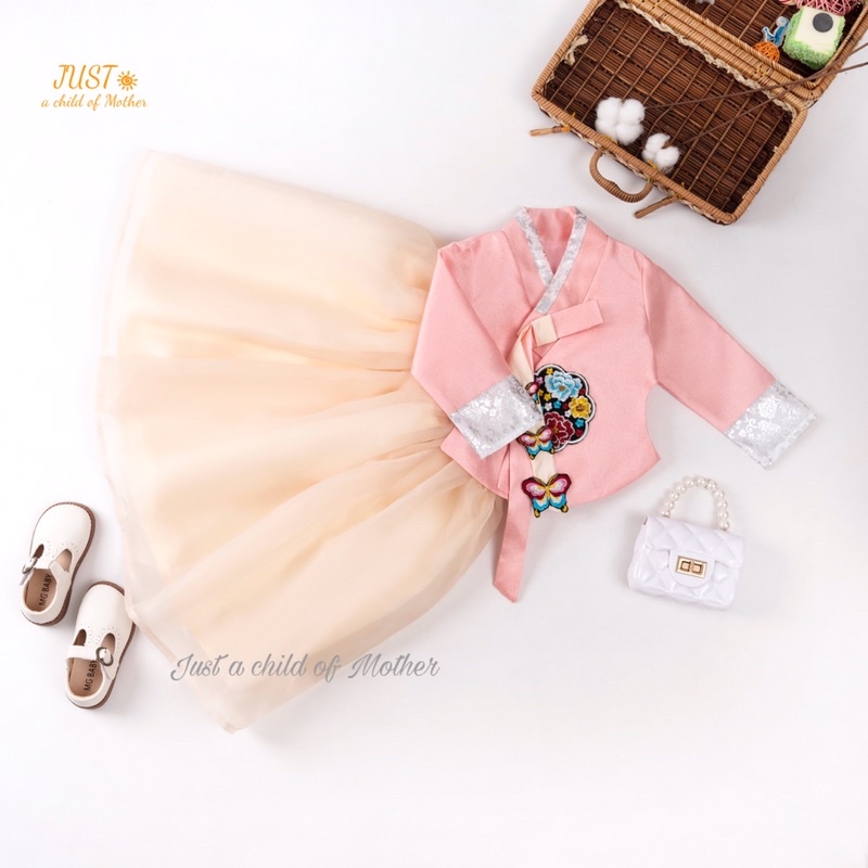 Váy Hanbok bé gái Kkoch Jasu, Hàn phục thêu hoa,Vải Tafta lụa phủ voan, dáng dài Size 1-10 tuổi