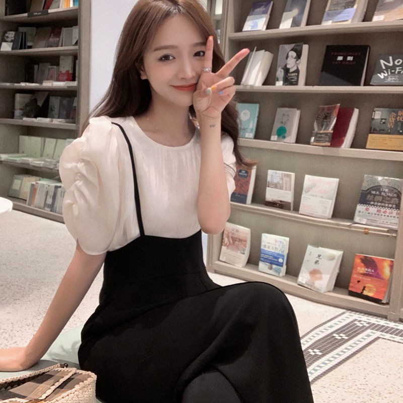 NEW KOREAN STYLE Set Quần Yếm Lưng Cao Và Áo Tay Phồng Phong Cách Hàn Quốc 2020 Cho Nữ