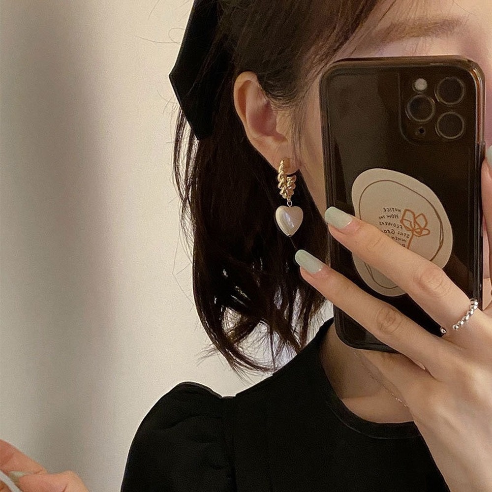 Bông Tai Ngọc Trai Hình Trái Tim Thời Trang Cao Cấp Phong Cách Retro