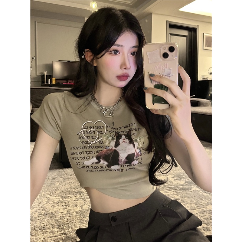 QKOOLE Áo croptop nữ  tay ngắn in họa tiết thời trang Hàn Quốc