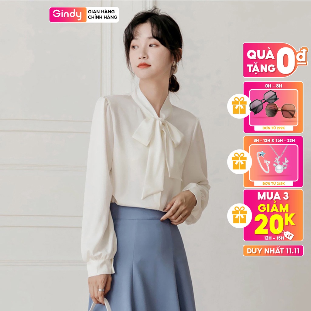 Áo sơ mi nữ lụa ngọc trai GINDY cổ thắt nơ tay dài dáng basic sang chảnh thời trang xuân hè, công sở A10112