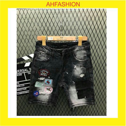 Quần short jean nam đen cao cấp rách thêu logo vải dày đẹp co giãn giá rẻ mẫu mới nhất AHFASHION