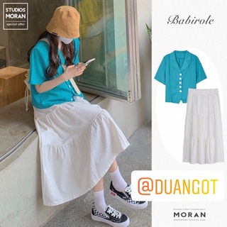 (ORDER) Áo blazer cộc tay MORAN màu xanh cổ V + Chân váy trắng dập viền đuôi cá xòe dài style Hàn Quốc