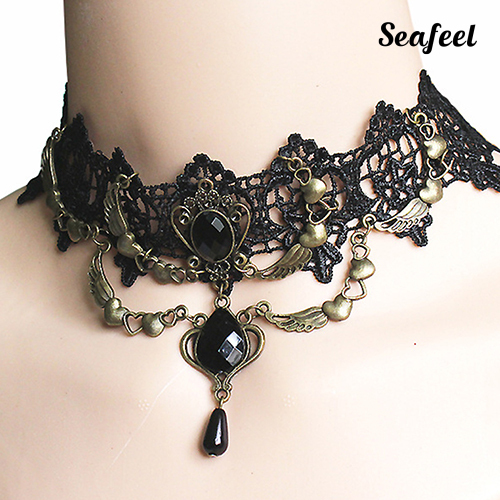 SF Vòng Cổ Choker Ren Hoa Đính Đá Hình Giọt Nước Phong Cách Gothic Cho Nữ