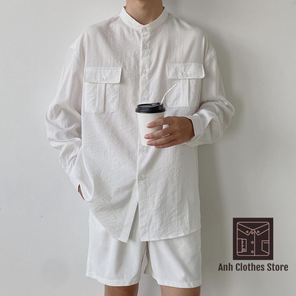 Áo sơ mi cổ tàu màu trắng form rộng Hàn Quốc