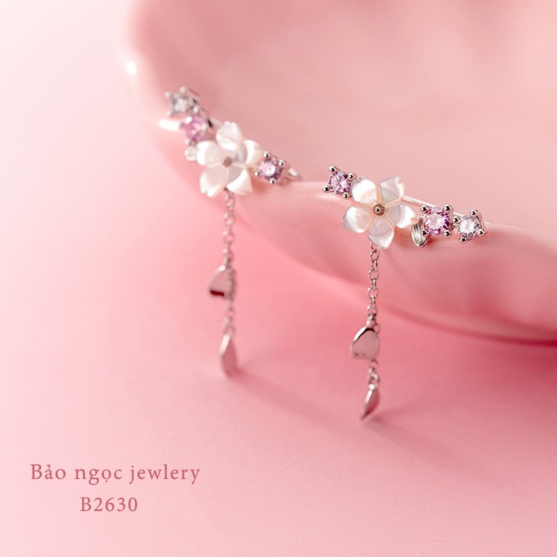 Khuyên tai nữ dáng dài bạc ý s925  hình bông hoa 5 cánh đính đá sang trọng - B2630 - Bảo ngọc Jewelry