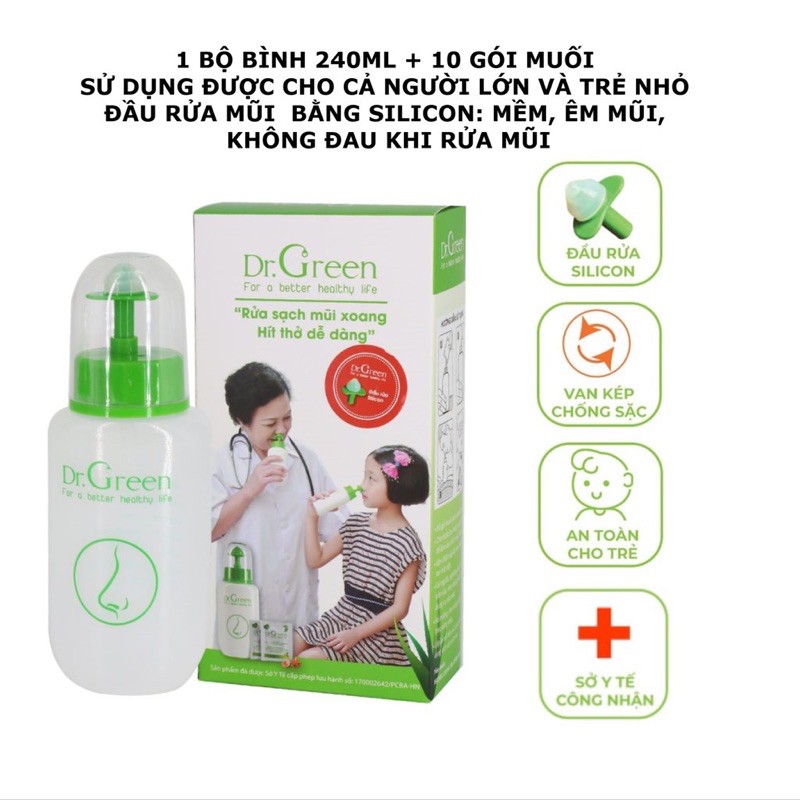 {CHÍNH HÃNG} BÌNH RỬA MŨI DR. GREEN TẶNG KÈM 10 GÓI MUỐI BIỂN NHA ĐAM