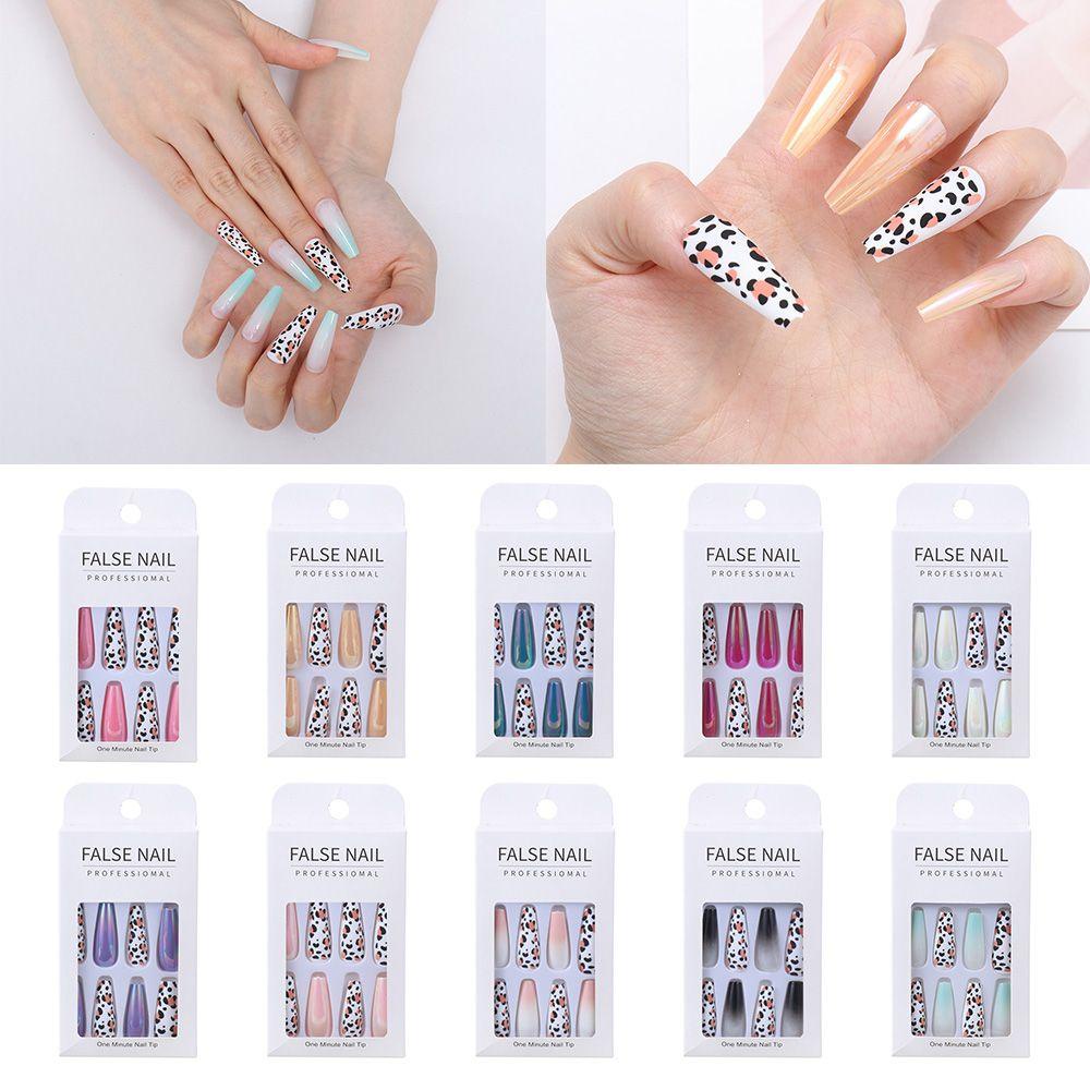 Bộ 24 Móng Tay Giả Hình Chữ T Siêu Dài Họa Tiết Da Báo Thời Trang