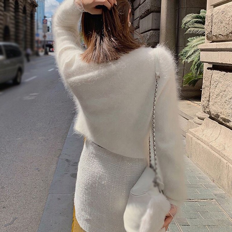 Áo Khoác Cardigan Len Lông Chồn Dáng Ngắn Tay Phồng Thời Trang Thu Đông Dành Cho Áo Len Nữ