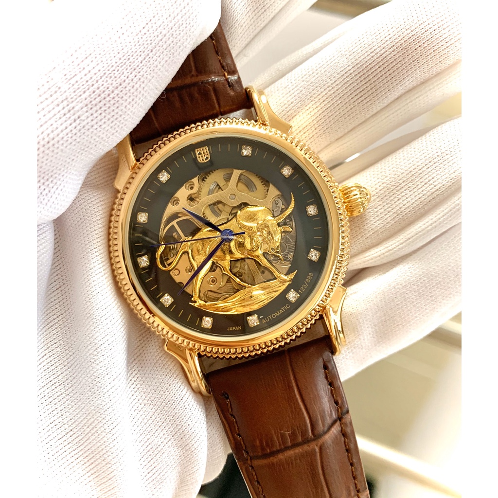 Đồng Hồ Cơ Nam Automatic Lộ Máy Dây Da Cao Cấp, Mặt Tròn Hình Trâu Vàng Kim Xanh Thể Hiện Sự Sang Trọng Phú Quý