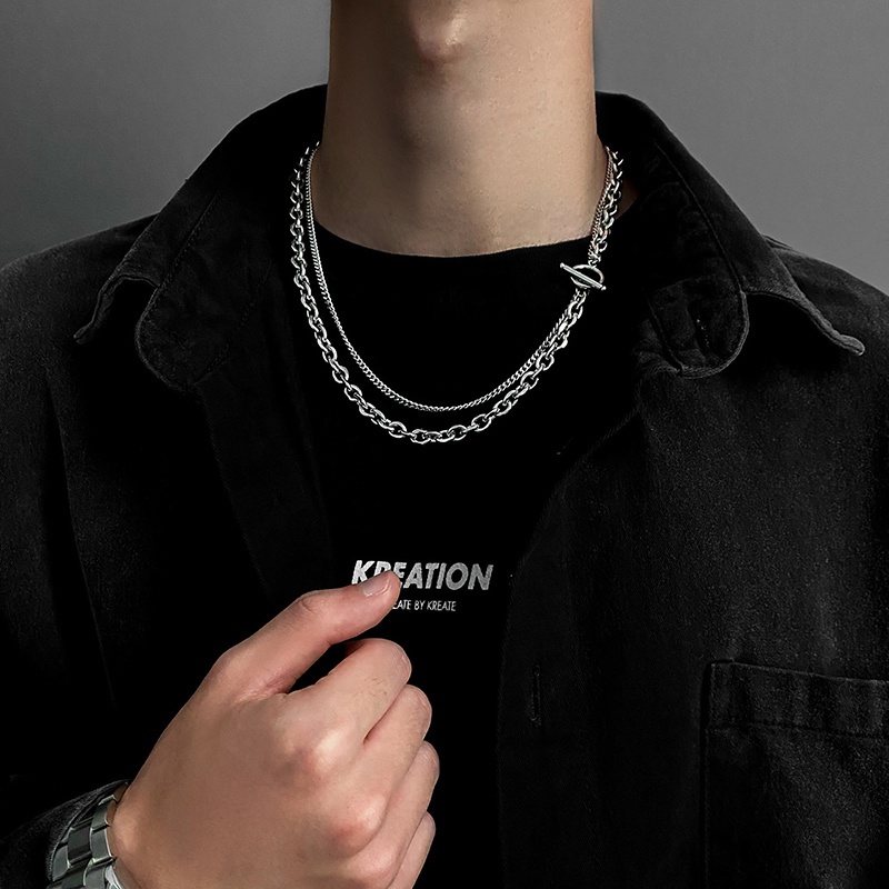 Vòng cổ Hai Lớp Bằng Thép Titan Phong Cách hip hop Đơn Giản Thời Trang Cho Nam