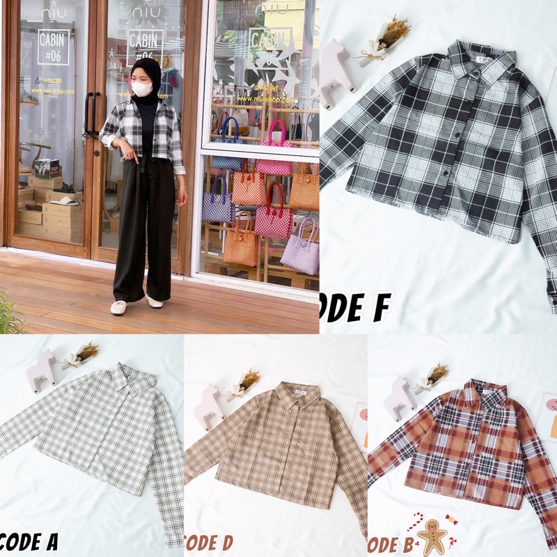 Befast - ZFS Áo Sơ Mi Crop Top Tay Dài Kẻ Sọc Caro Cho Nữ