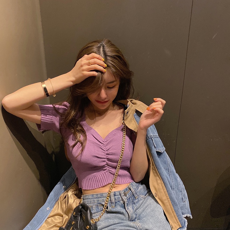 Porozi  Áo croptop  dệt kim tay phồng cổ chữ V thời trang Hàn Quốc dành cho nữ