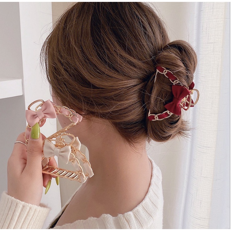 Kẹp tóc nữ nơ hàn quốc, kẹp móc xích kim loại dây nơ tiểu thư, sang chảnh